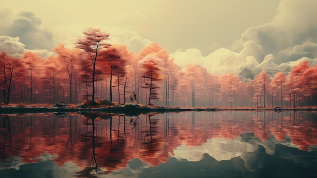 Foto un albero autunnale che si riflette sull'acqua nello stile dell'arancio scuro e del rosa chiaro