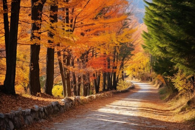 autumn trees and road in park