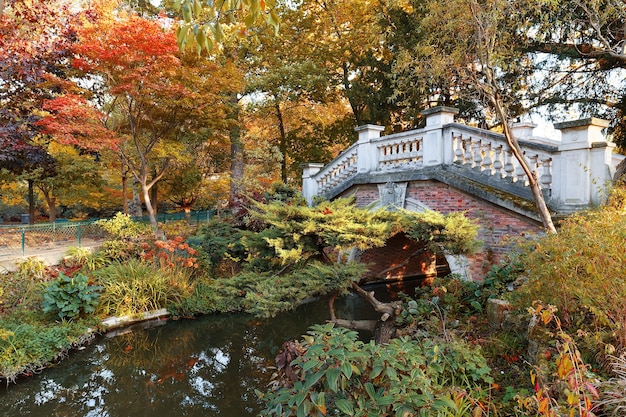 Осенние деревья и небольшой мост в парке Монсо Париж Франция