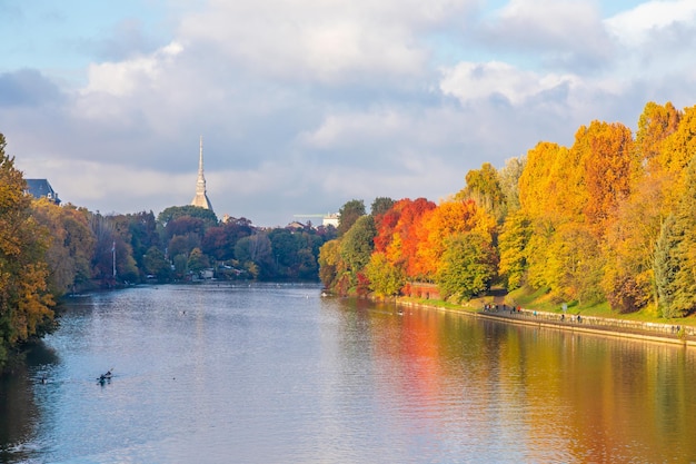 Autumn in Turin with Po' river Piedmont region Italy landscape with blue sky