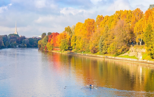 Autumn in Turin with Po' river Piedmont region Italy landscape with blue sky