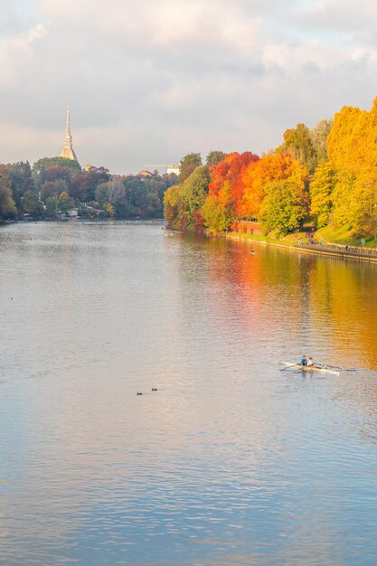 Autumn in Turin with Po' river Piedmont region Italy landscape with blue sky