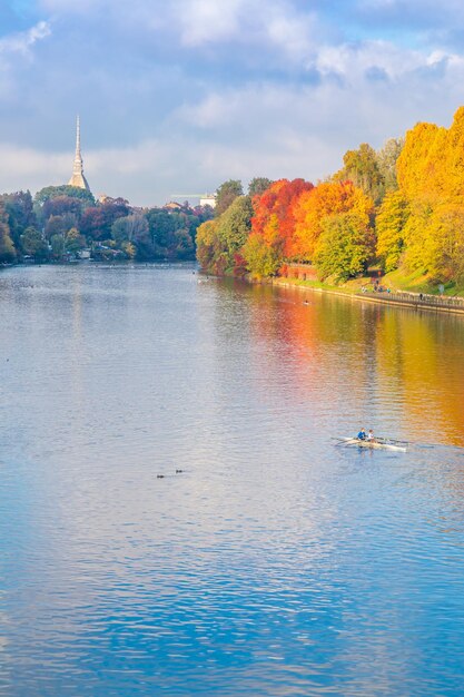 Autumn in Turin with Po' river Piedmont region Italy landscape with blue sky