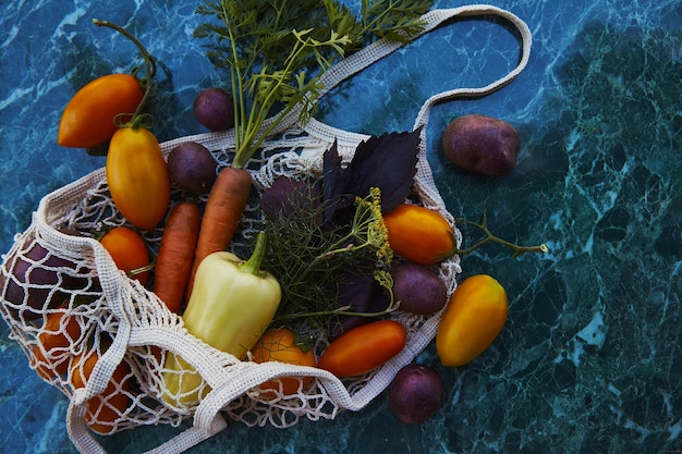 Autumn vegetables colorful tomatoes purple potatoes sweet pepper carrots basil dill in eco shopping bag under trendy hard shadows with reflection background Ecological concern Copy space