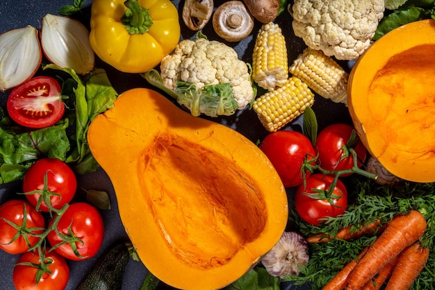 Autumn vegetables cooking background Organic fall harvest farm vegetables mushrooms Various vegetarian ingredients set for cooking dinner on black kitchen background top view copy space