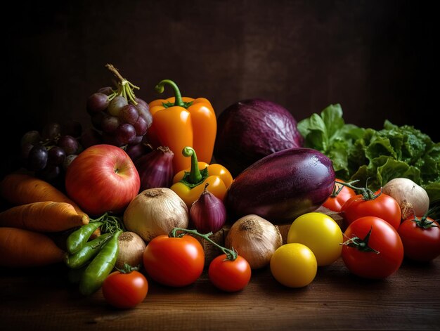 黒い石の背景に秋の野菜と果物のカボチャ