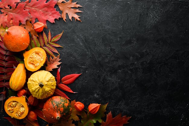 Фото Осенние овощи тыква с тыквенными семечками и осенними листьями плоско лежат на фоне черного камня вид сверху свободное место для текста