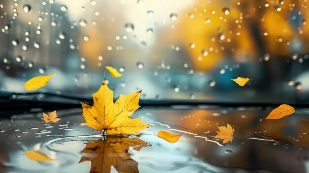 Autumn vehicle concept Wipers clear rain from car window Empty window for message with yellow maple