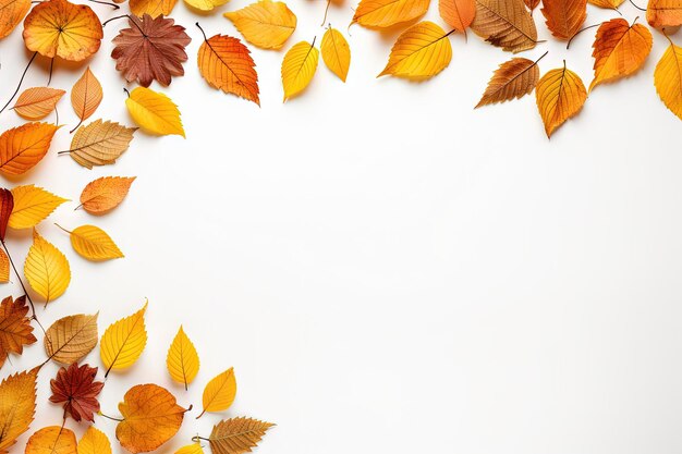 Autumn vibes with leafy frame on white backdrop representing fall and gratitude Aerial view space fo