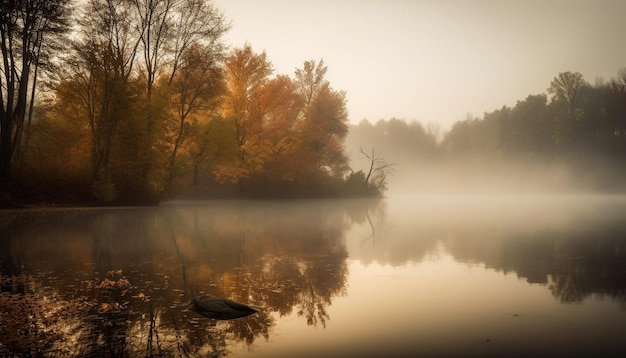 秋の鮮やかな色は、AI によって生成された静かな水に反映されます