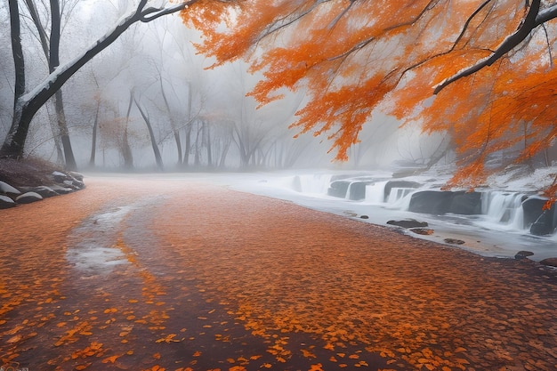 Photo autumn vibrant orange leaves frosted in natures