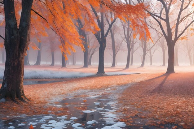 Photo autumn vibrant orange leaves frosted in natures