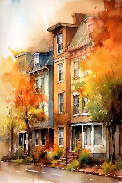 Autumn vibrant town city street with different colored buildings Watercolor illustration