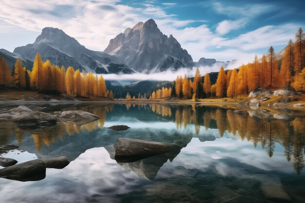 Autumn view of Lake Federa in Dolomites at sunset