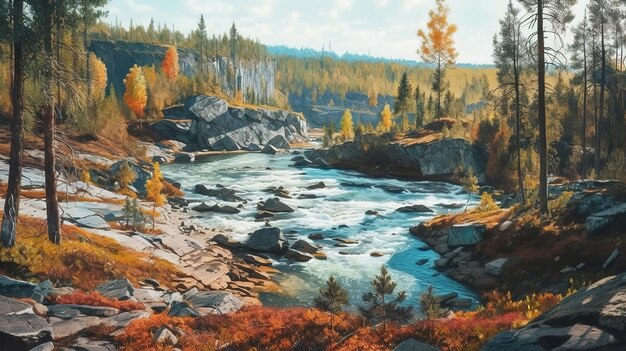 Autumn view of the Patoniva river in Oulanka National Park Finland Generative Ai