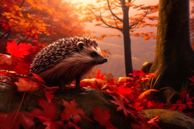 Autumn view with a hedgehog generative ai