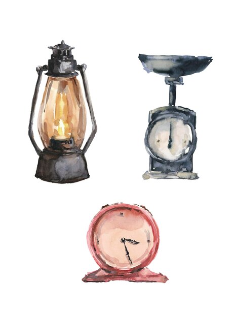 Autumn vintage home decor kerosene lamp kitchen scale table clock watercolor illustration