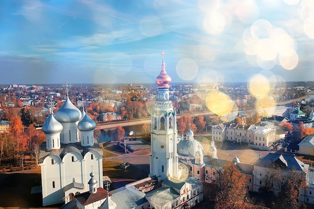 autumn vologda kremlin, drone top view, russia religion christian church