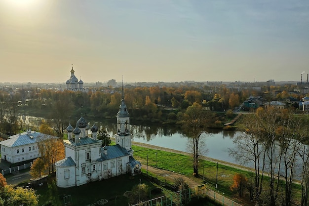 autumn vologda kremlin, drone top view, russia religion christian church