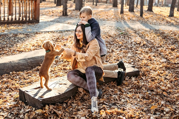 Passeggiate autunnali con la famiglia madre di famiglia felice e figlio adolescente che si divertono con il cucciolo di cocker spaniel nel parco autunnale