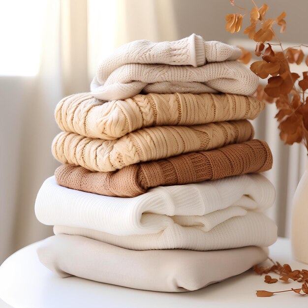 Autumn wardrobe sweaters in front of a window with autumn leaves