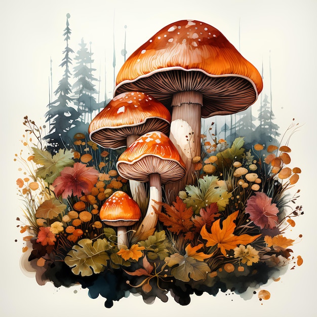 Осенняя акварельная композиция с лесными грибами в листьях и траве Ботаническая лесная флора