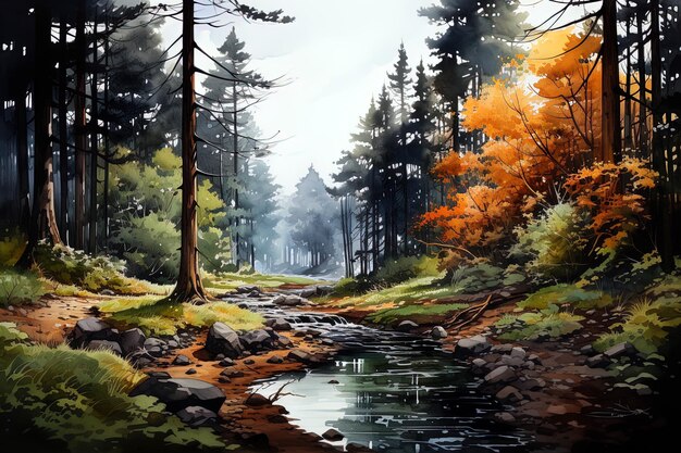 Autumn watercolor landscape background Ai generative art