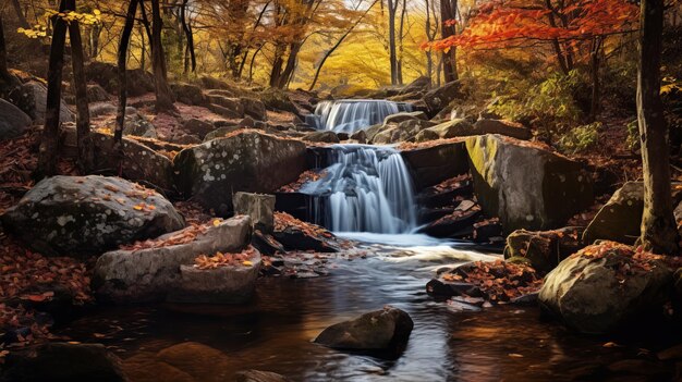 Photo autumn waterfall a hotorealistic shot in the style of dimitry roulland