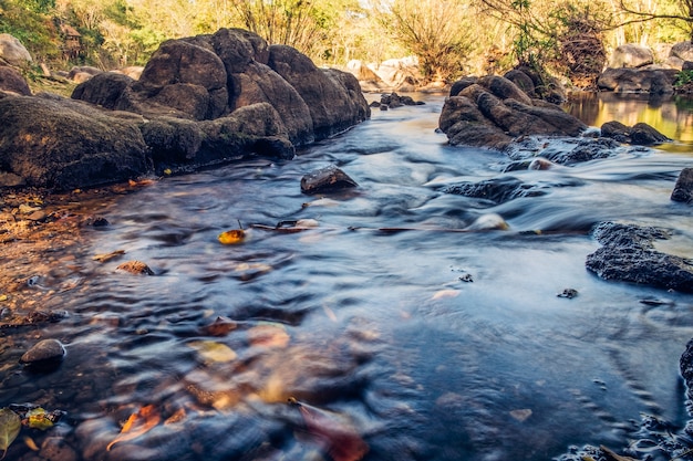 Autumn waterfall stream flowing through stone in national park