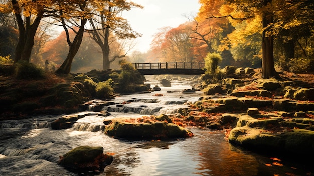 Autumn waterfalls in park with colorful foliage Autumn waterfalls