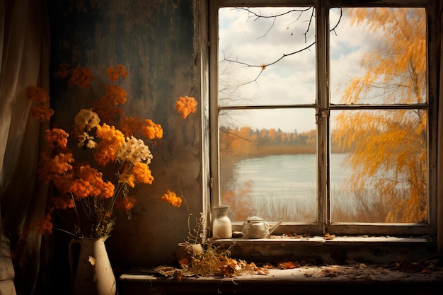 Autumn weather outside the window Autumn atmosphere Background wallpaper AI Generated