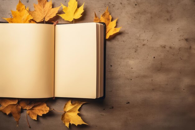 Foto i sussurri d'autunno abbracciano la creatività in un libro vuoto adornato di foglie d'acero