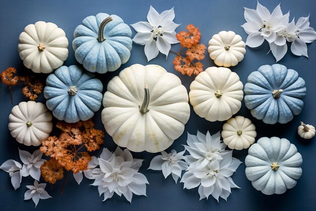 Autumn white blue pumpking decoration with leaves and flowers Flat lay top view Generative AI