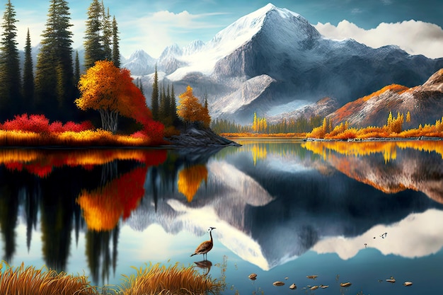 Autumn wildlife landscape with mirror mountain lake