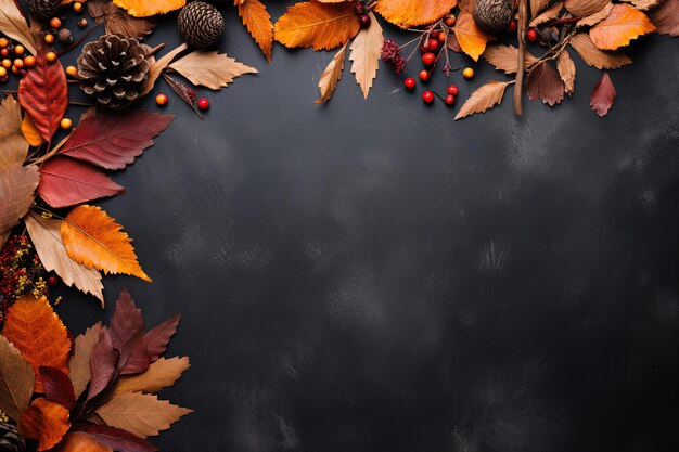 Осенне-зимний натюрморт с сушеными листьями, ягодами коры деревьев на темном фоне. Граница растений. Плоская планировка.