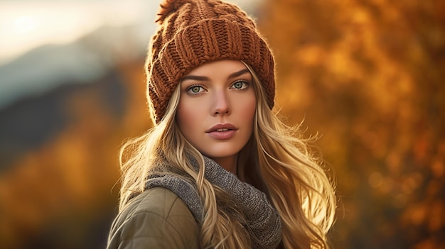 autumn woman brown hat female model face stylish beanies winter wear