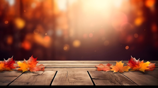 Autumn a wooden table with a maple leaf background at dusk in a central abstract background