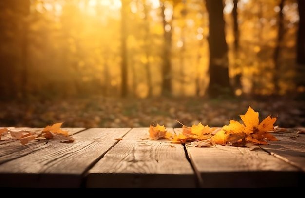 Photo autumn wooden table with orange leaves and at sunset in defocused abstract background