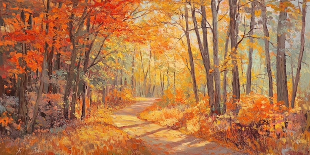 水彩画・風景画・紅葉'長野県のある秋の風景