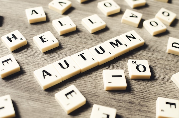 AUTUMN word on wooden cubes on a wood background