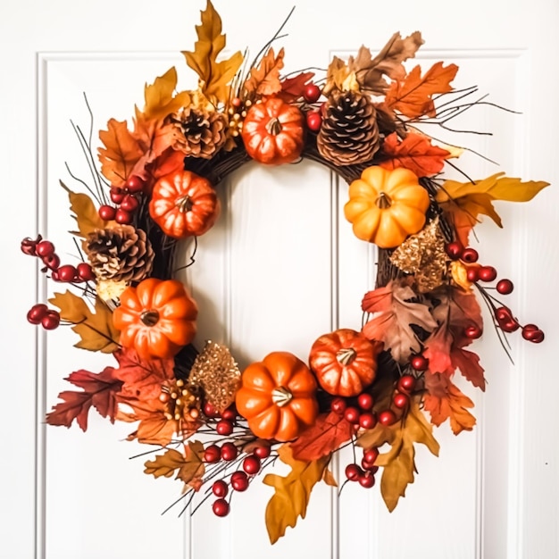 Autumn wreath as decoration on white door welcoming autumn holiday season with autumnal decorations generative ai