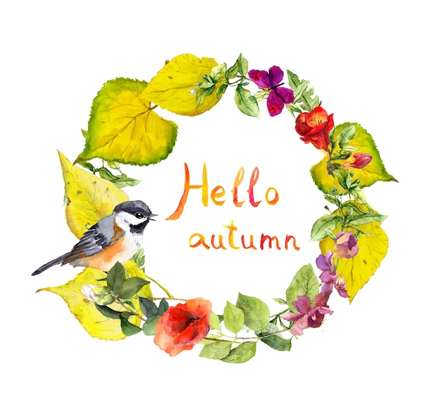 Autumn wreath, bird, flowers, yellow leaves. Floral watercolor border