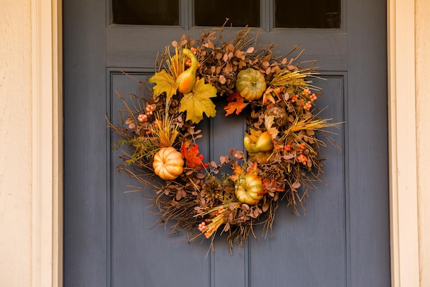 Autumn wreath decorating front door.