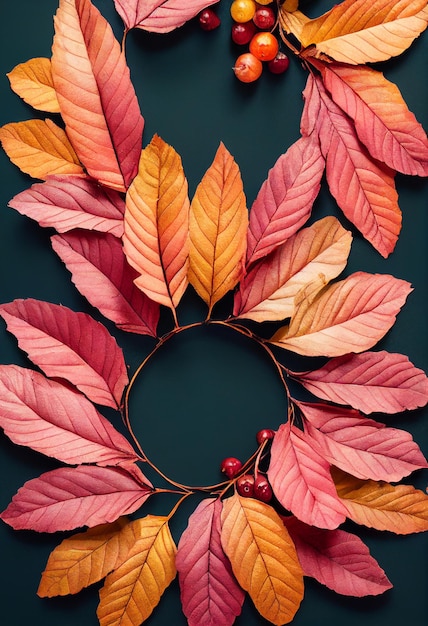 Autumn wreath made of leaves berries mockup flat lay with copy spaceWeeding and party invitation