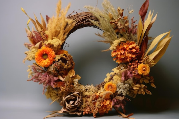 Autumn wreath with dried flowers and foliage