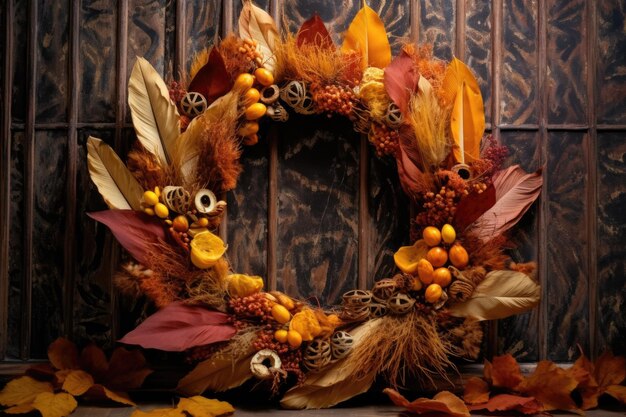 Autumn wreath with a mix of bright and dried leaves