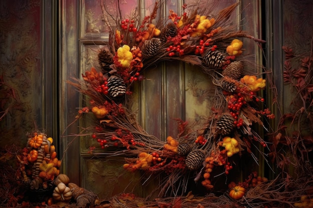 Autumn wreath with pine cones and berries on door