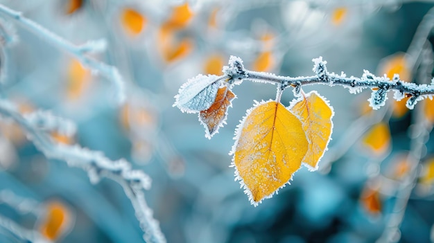 Autumn yellow leaf on a branch in frost needles Morning frost Rime Late fall