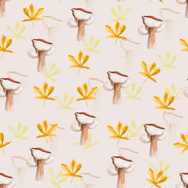 Photo autumn yellow leaf mushroom watercolor seamless pattern