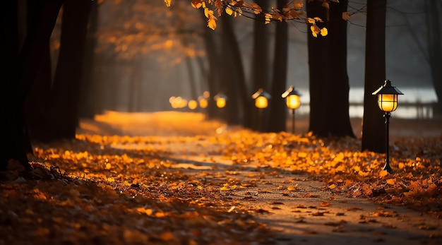 Autumn yellow leaves on a path with light in the background Beautiful autumn forest landscape
